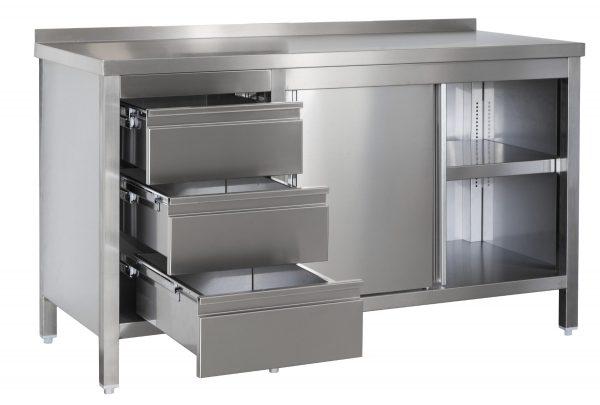Edelstahl Arbeitsschrank mit Aufkantung, Schubladenblock links,  Türen und höhenverstellbaren Zwischenboden | Bautiefe 600mm |  AISI 304 – Bild 1