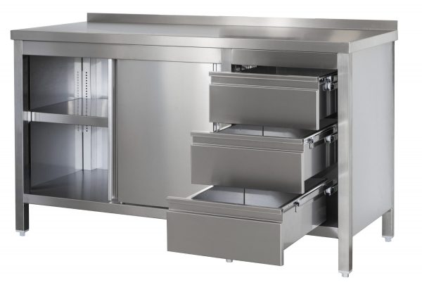Edelstahl Arbeitsschrank mit Aufkantung, Schubladenblock rechts, Türen und höhenverstellbaren Zwischenboden | Bautiefe 700mm |  AISI 304 – Bild 1