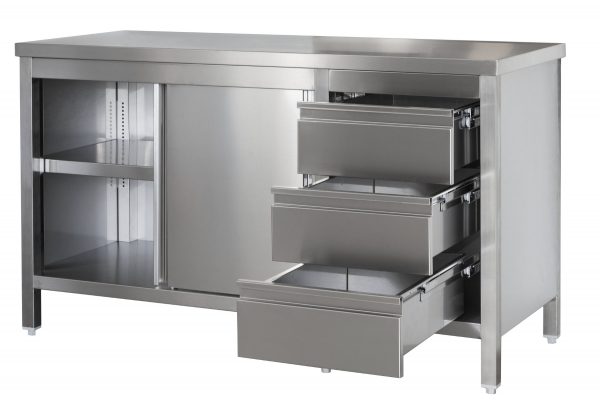 Edelstahl Arbeitsschrank mit Schubladenblock rechts. Türen und höhenverstellbaren Zwischenboden | Bautiefe 800mm |  AISI 304 – Bild 1