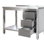 Edelstahl Arbeitstisch mit Aufkantung und Schubladenblock rechts verschweißt | Bautiefe 700mm | mit Grundboden | AISI 304