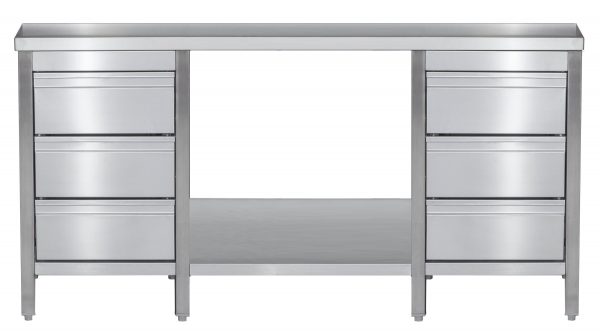 Edelstahl Arbeitstisch mit Schubladenblock links & rechts verschweißt | Bautiefe 800mm | mit Grundboden | AISI 304 – Bild 1